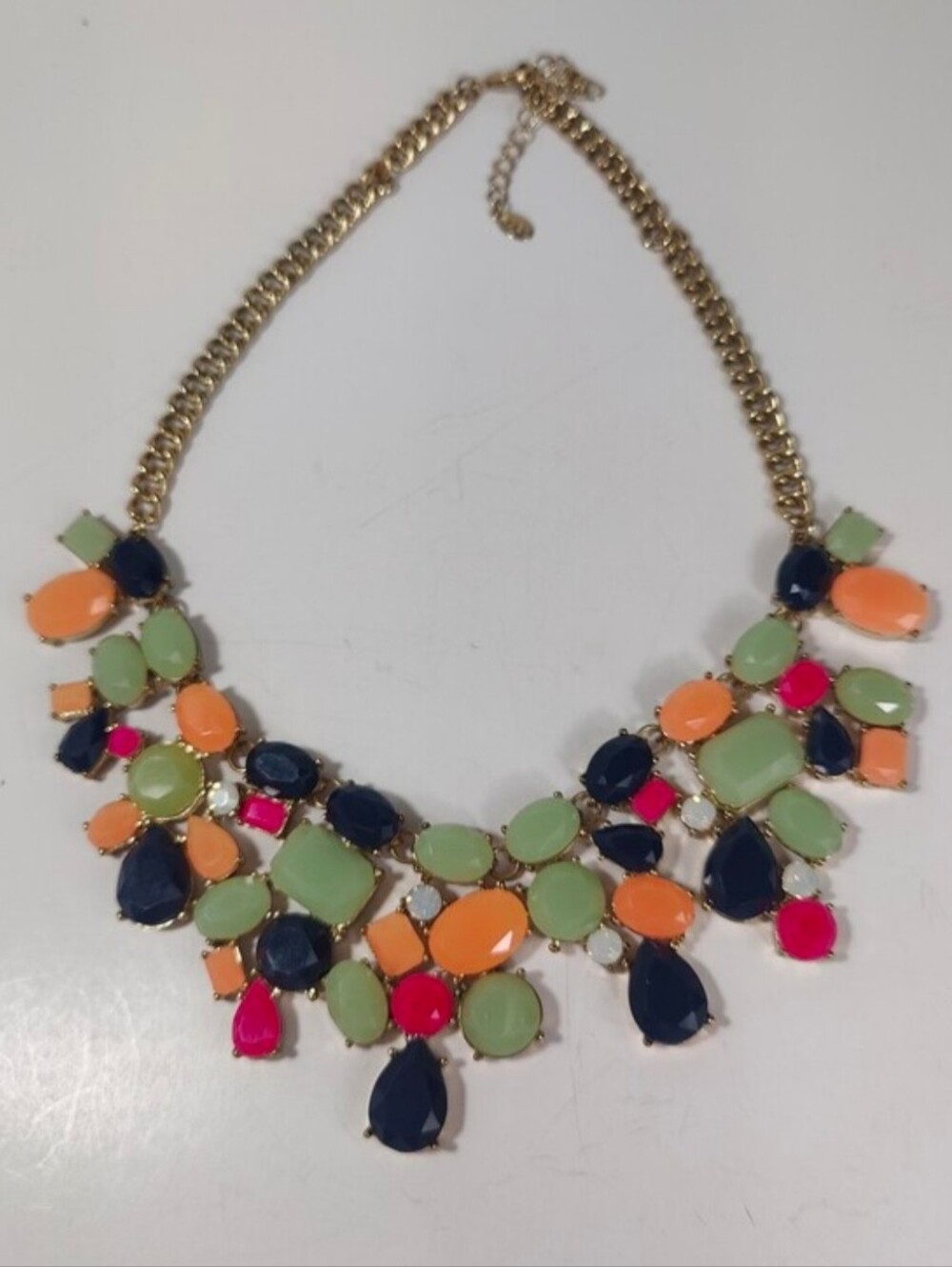 Aldo Statement Bib Necklace Gold Tone Navy Blue Orange Green Acrylic Cabochon